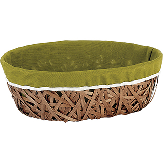 Corbeille bois ovale marron/tissu vert lisr blanc 