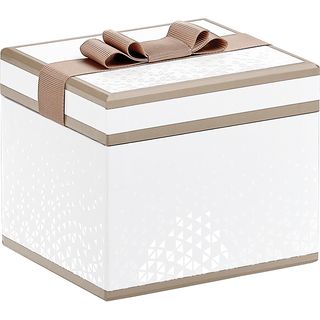 Caja cartn rectangular LUZ Y SOMBRA blanca/topo/impresin UV asa smil piel/ cinta topo 