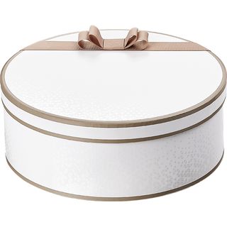 Box cardboard round LIGHTS AND SHADOWS white/brown/UV printing grosgrain ribbon brown