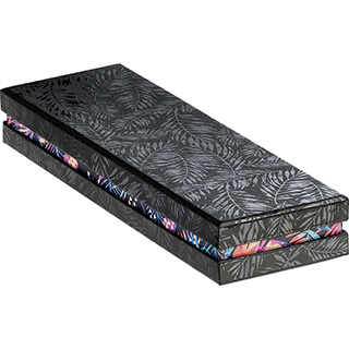 Caja cartón rectangular chocolates 2 hileras negro/impresión UV/tropical
