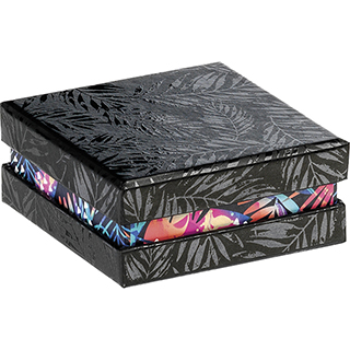 Caja cartón cuadrado chocolates negro/impresión UV/tropical
