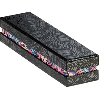 Caja cartón rectangular chocolates 1 hilera negro/impresión UV/tropical
