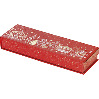 Caja cartón rectangular chocolates 2 hileras rojo/dorado caliente cierre magnético Bonnes fêtes