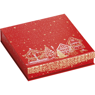 Caja cartón cuadrado chocolates 4 hileras rojo/dorado caliente cierre magnético Bonnes fêtes