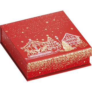 Caja cartón cuadrado chocolates 3 hileras rojo/dorado caliente cierre magnético Bonnes fêtes