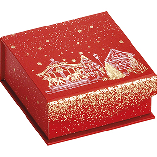 Caja cartón cuadrado chocolates separaciones retirables rojo/dorado caliente cierre magnético Bonnes fêtes