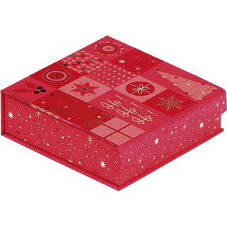 Caixa carto retangular chocolates 3 linhas MOSAICO FESTIVO vermelho/cor de rosa/estampagem a quente ouro/ fecho magntico