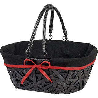 Basket wicker/wood oval black black fabric red edge foldable handles