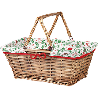 Basket wicker/wood rectangular brown white fabric/Christmas pattern foldable handles