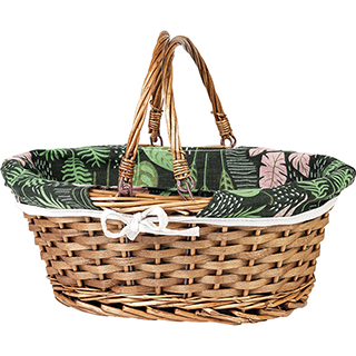 Basket wicker/wood oval brown green fabric/floral pattern foldable handles