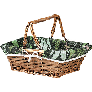 Basket wicker/wood rectangular brown green fabric/floral pattern foldable handles