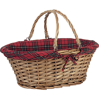 Basket wicker/wood oval brown red/black/gold Scottish tartan foldable handles