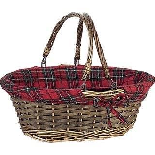 Basket wicker/wood oval brown red/black/gold Scottish tartan wicker handles