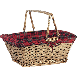 Basket wicker/wood rectangular brown red/black/gold Scottish tartan foldable handles