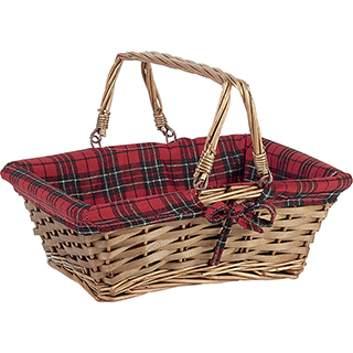 Basket wicker/wood rectangular brown red/black/gold Scottish tartan foldable handles