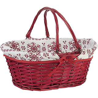 Basket wicker/wood oval red white fabric/red Snowflakes foldable handles