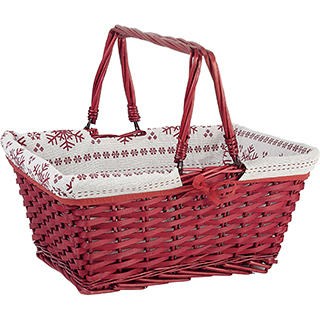 Basket wicker/wood rectangular red white fabric/red Snowflakes foldable handles