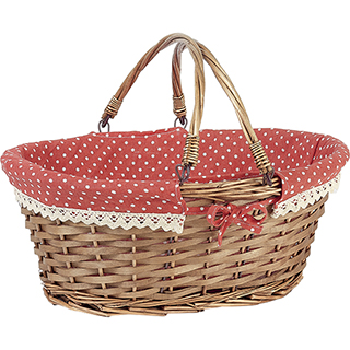 Basket wicker/wood oval brown red fabric/white dots crocheted white edge wicker handles 