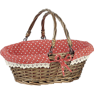 Basket wicker/wood oval brown red fabric/white dots crocheted white edge foldable handles 