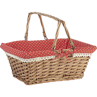 Basket wicker/wood rectangular brown red fabric/white dots crocheted white edge foldable handles 