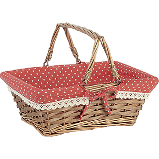 Basket wicker/wood rectangular brown red fabric/white dots crocheted white edge wicker handles 