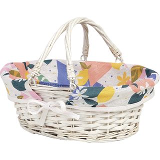 Basket wicker/wood oval CITRUS GARDEN white fabric foldable handles 