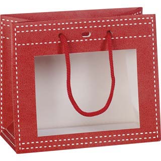 Bolsa papel rojo ventana PVC y puados en cuerda
