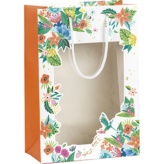 Bag paper orange/flowers PVC window white cord handles eyelet
