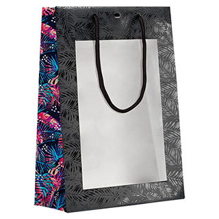Bag paper black/UV printing/tropical PVC window black cord handles eyelet