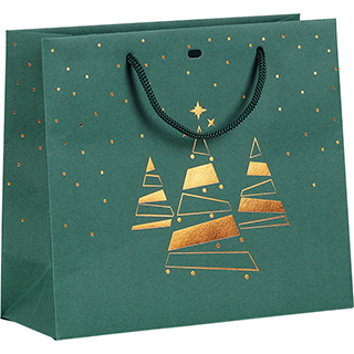 Bag paper green/copper hot foil stamping Bonnes Fêtes Christmas trees green cord handles eyelet