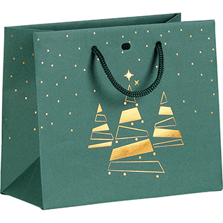 Bag paper green/copper hot foil stamping Bonnes Fêtes Christmas trees green cord handles eyelet