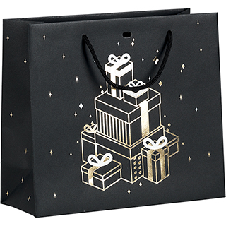 Bag paper black/gold hot foil stamping Christmas presents black cord handles eyelet