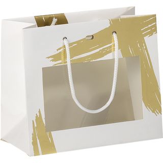 Saco papel ASSINATURA branco/estampagem a quente ouro janela PET alas cordo branco ilh