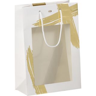 Saco papel ASSINATURA branco/estampagem a quente ouro janela PET alas cordo branco ilh