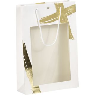 Bolsa papel 3 botellas SIGNATURE blanco/estampacin en caliente dorado ventana PET asas cordn blanco ojal separador