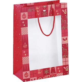 Bag paper CHRISTMAS MOSAIC red/gold hot foil stamping PET window cord handles red eyelet 