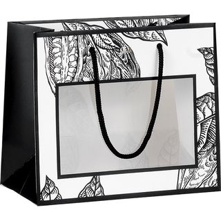 Bolsa papel PRESTIGIO CACAO blanco/negro ventana PET asas cordn negro ojal