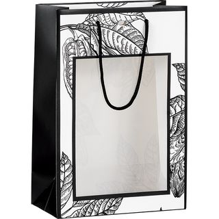 Sac papier PRESTIGE CACAO blanc/noir fentre PET poignes corde noir oeillet de fermeture 