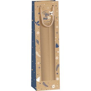 Bolsa papel 1 botella INVIERNO FESTIVO azul/blanco ventana PET asas cuerda kraft ojal