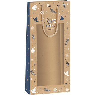 Bag paper 2 bottles WINTER FESTIVITIES blue/white PET window handles cord kraft eyelet divider