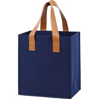 Sac feutre rectangle 6 bouteilles INDIGO bleu 2 anses simili cuir marron sparation amovible 