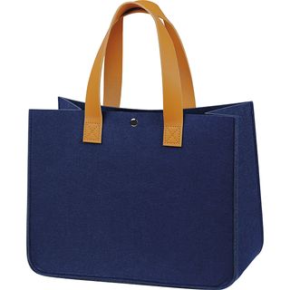 Sac feutre rectangle INDIGO bleu 2 anses simili cuir marron fermeture pression 