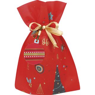 Bag non-woven polypropylene CHRISTMAS MOSAIC/green/red/gold satin ribbon red tag