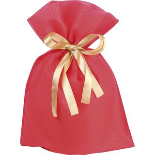 Bag non-woven polypropylene red satin ribbon gold/ tag