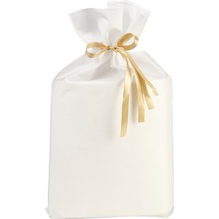 Bag non-woven polypropylene white satin ribbon gold/ tag