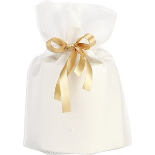 Bag non-woven polypropylene white satin ribbon gold/ tag