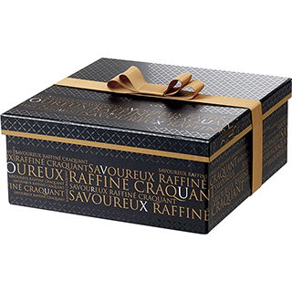 Coffret carton carr Savoureux noir/cuivre/vernis slectif ruban noeud  plat cuivre