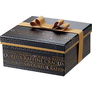 Coffret carton carr Savoureux noir/cuivre/vernis slectif ruban noeud  plat cuivre