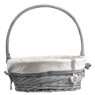 Basket wicker oval grey white fabric grey edge fixed handle