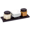 Set of 3 square porcelain ramekins wood board/white and black